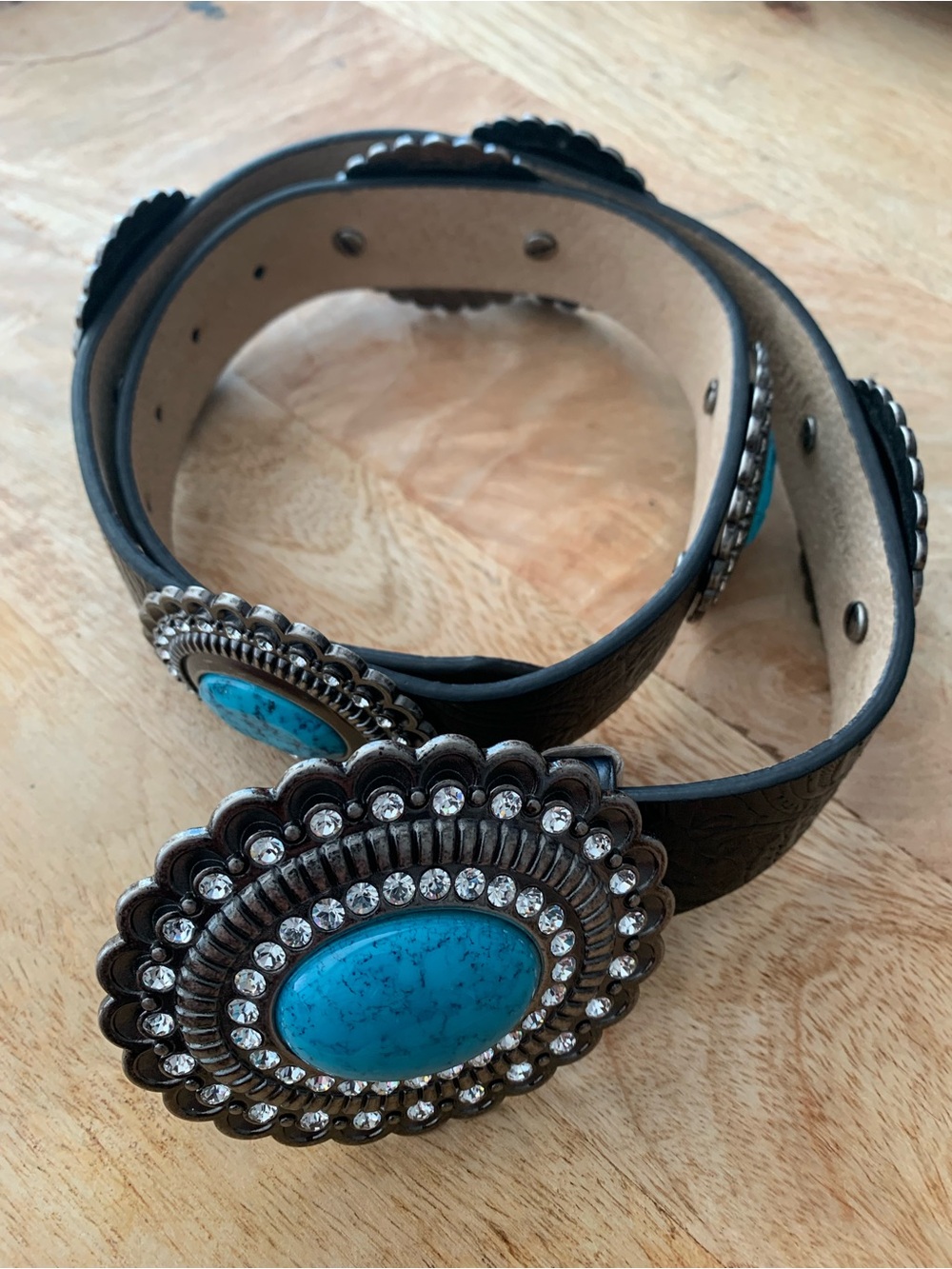 CHRISTINE ALEXANDER Concho Swarovski Crystals Turquoise Blk Leather Belt size L